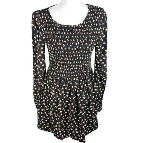 Free People Dress Womens XS Boho Floral Long Sleeve Open Back Smocked Mini - Picture 2 of 11